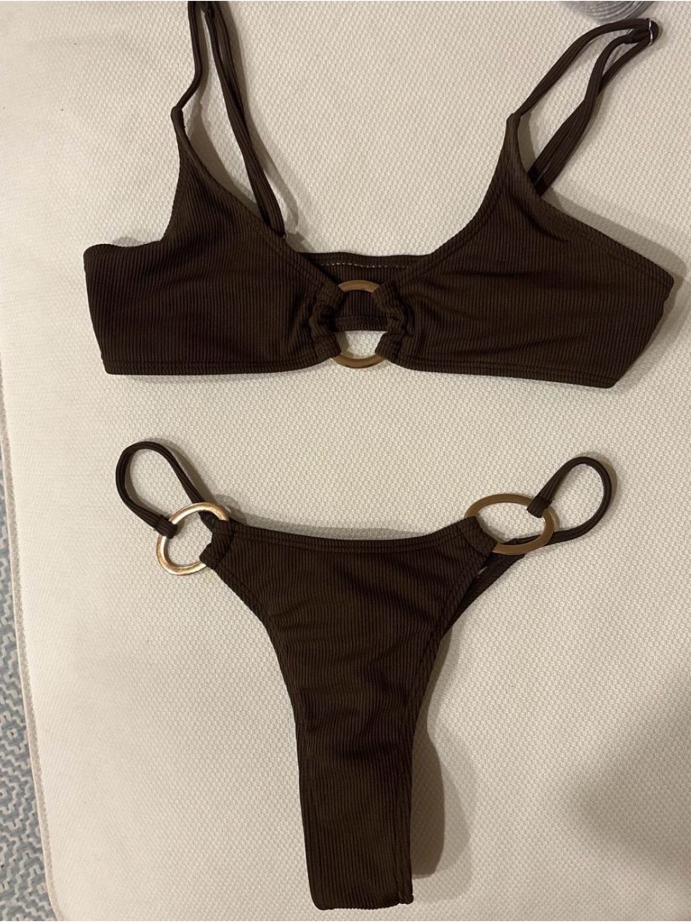 Brown Ribbed Ring-Accent Bikini Set